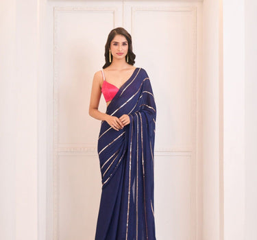 Navy Blue Embroidered Saree With Hot Pink Blouse