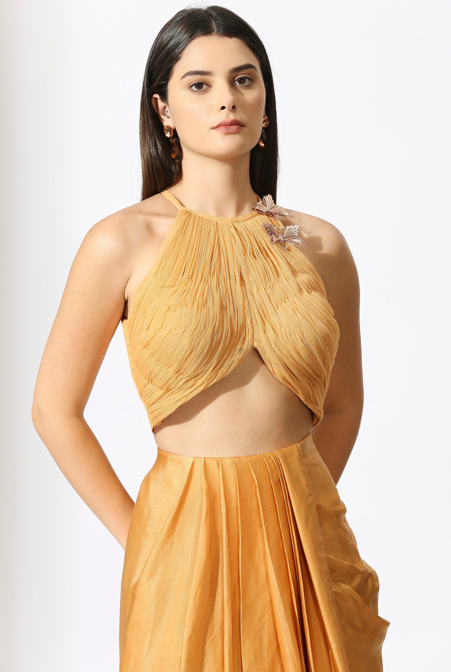 Mustard Embroidered Skirt Set with Drape