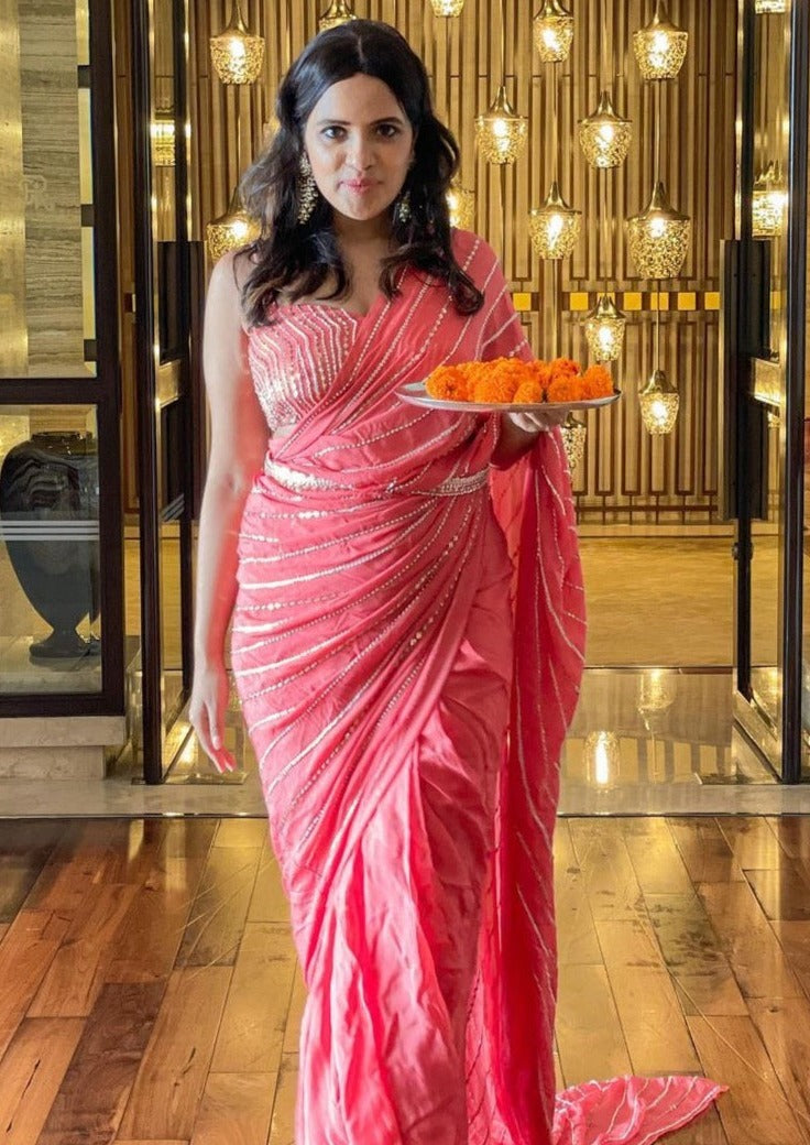 Coral Embroidered Saree Set