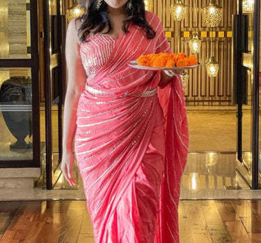 Coral Embroidered Saree Set