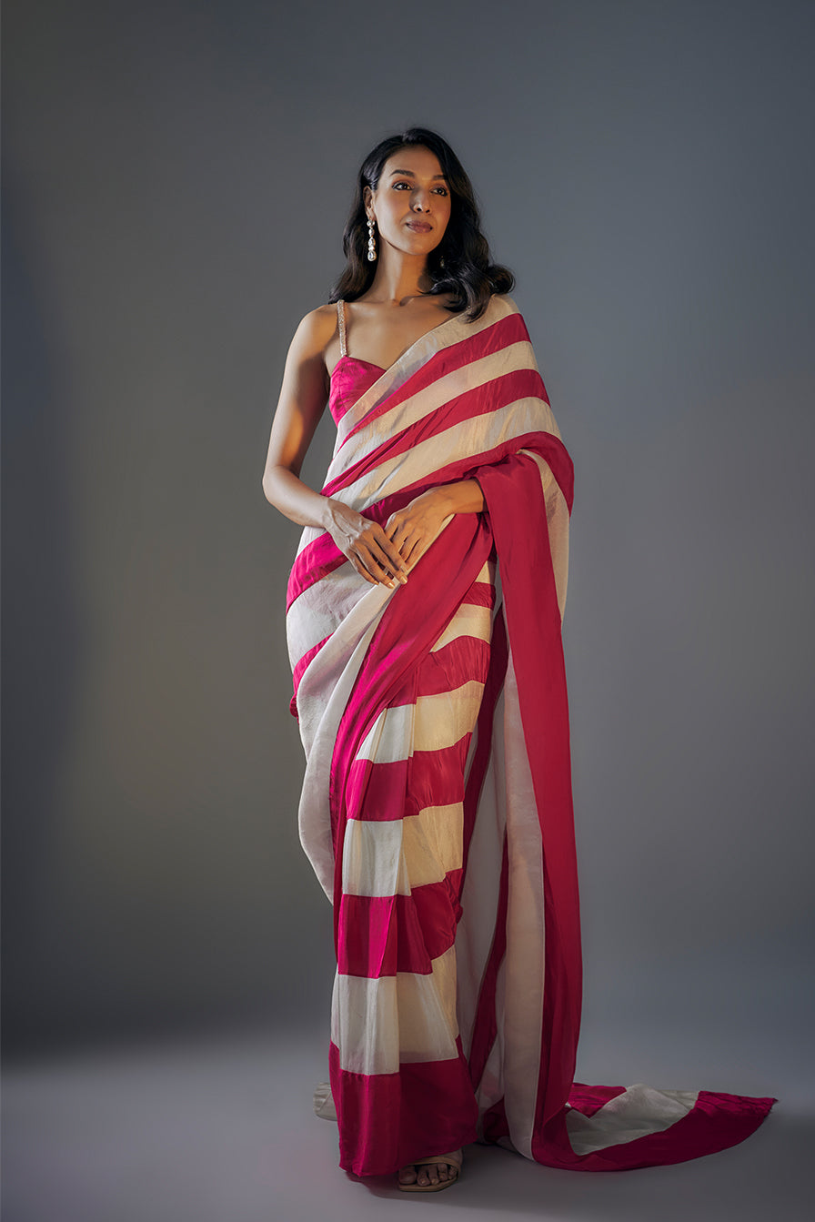 Hot Pink and Light Gold Colour block Saree With Hot Pink Embroidered Blouse