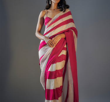 Hot Pink and Light Gold Colour block Saree With Hot Pink Embroidered Blouse