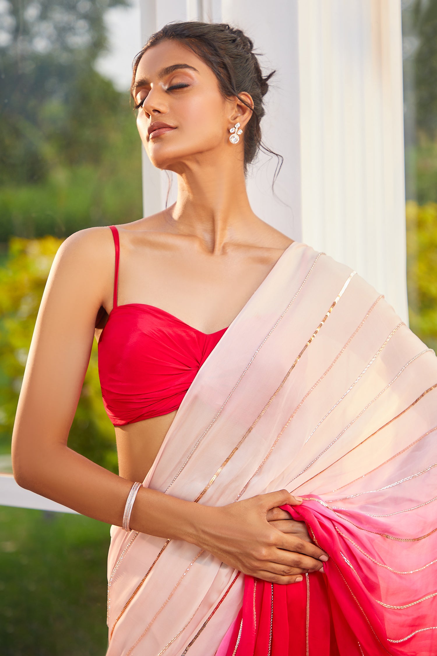 LIGHT PINK AND HOT PINK EMBROIDERED OMBRE SAREE WITH HOT PINK DRAPE BLOUSE