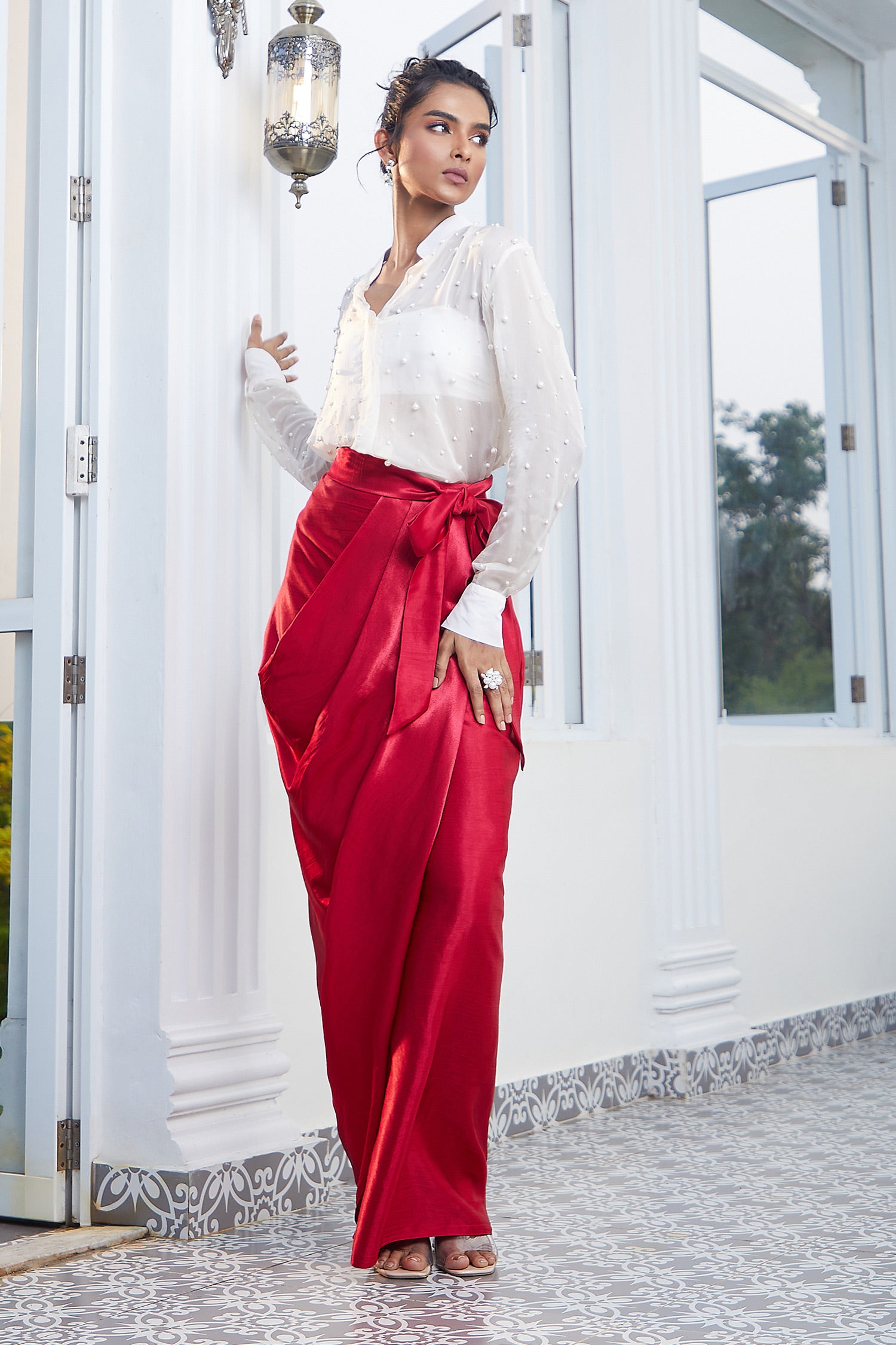 HOT PINK SKIRT WITH PEARL EMBROIDERED SHIRT WITH BELT