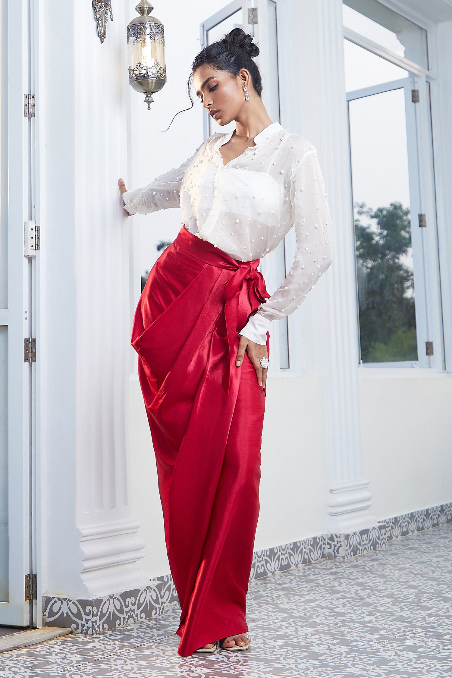 HOT PINK SKIRT WITH PEARL EMBROIDERED SHIRT WITH BELT