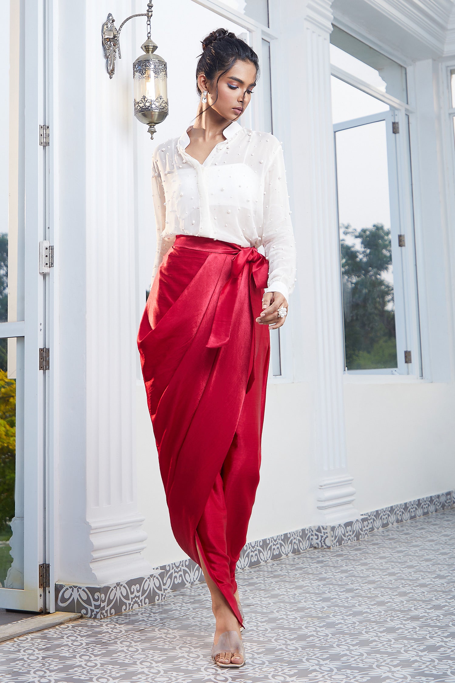 HOT PINK SKIRT WITH PEARL EMBROIDERED SHIRT WITH BELT