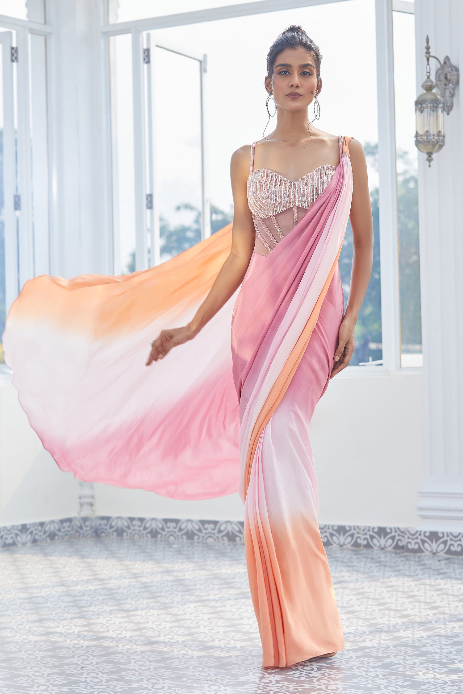 ONION PINK ,LIGHT PINK  AND ORGANE OMBRE CORSET EMBROIDERED GOWN SAREE