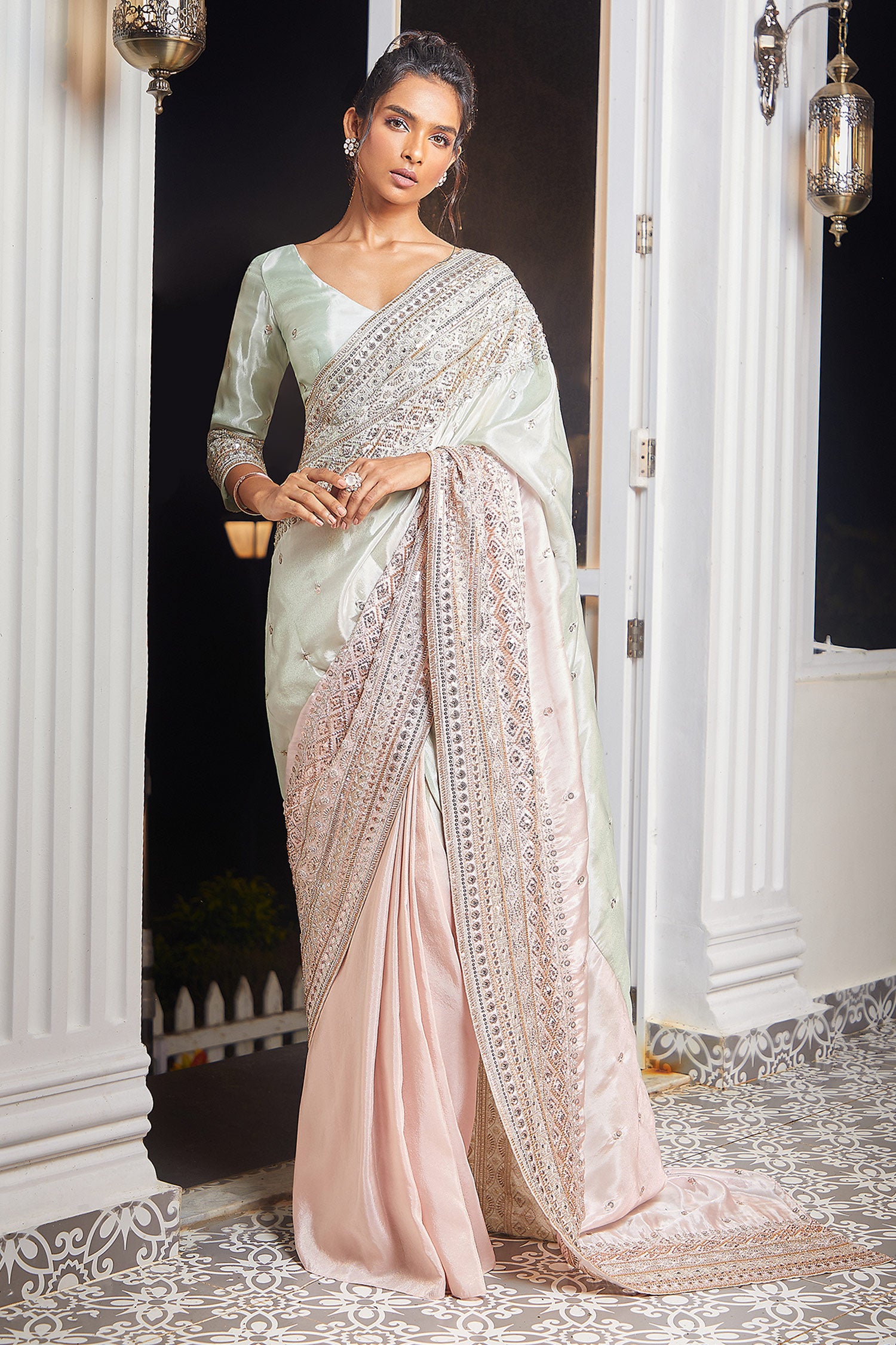 MINT AND PINK EMBROIDERED  BLOCK  SAREE WITH MINT EMBROIDERED BLOUSE