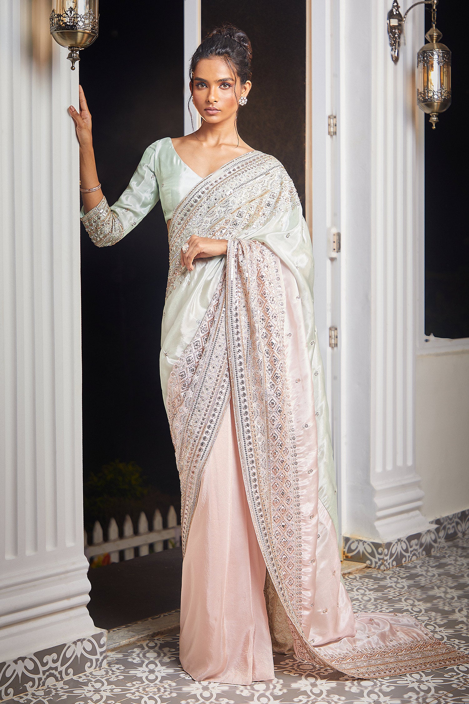 MINT AND PINK EMBROIDERED  BLOCK  SAREE WITH MINT EMBROIDERED BLOUSE