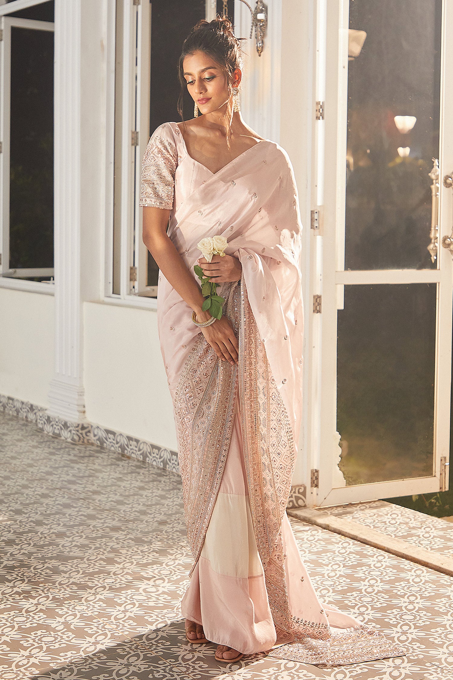 PINK EMBROIDERED BLOCK SAREE WITH EMBROIDERED BLOUSE