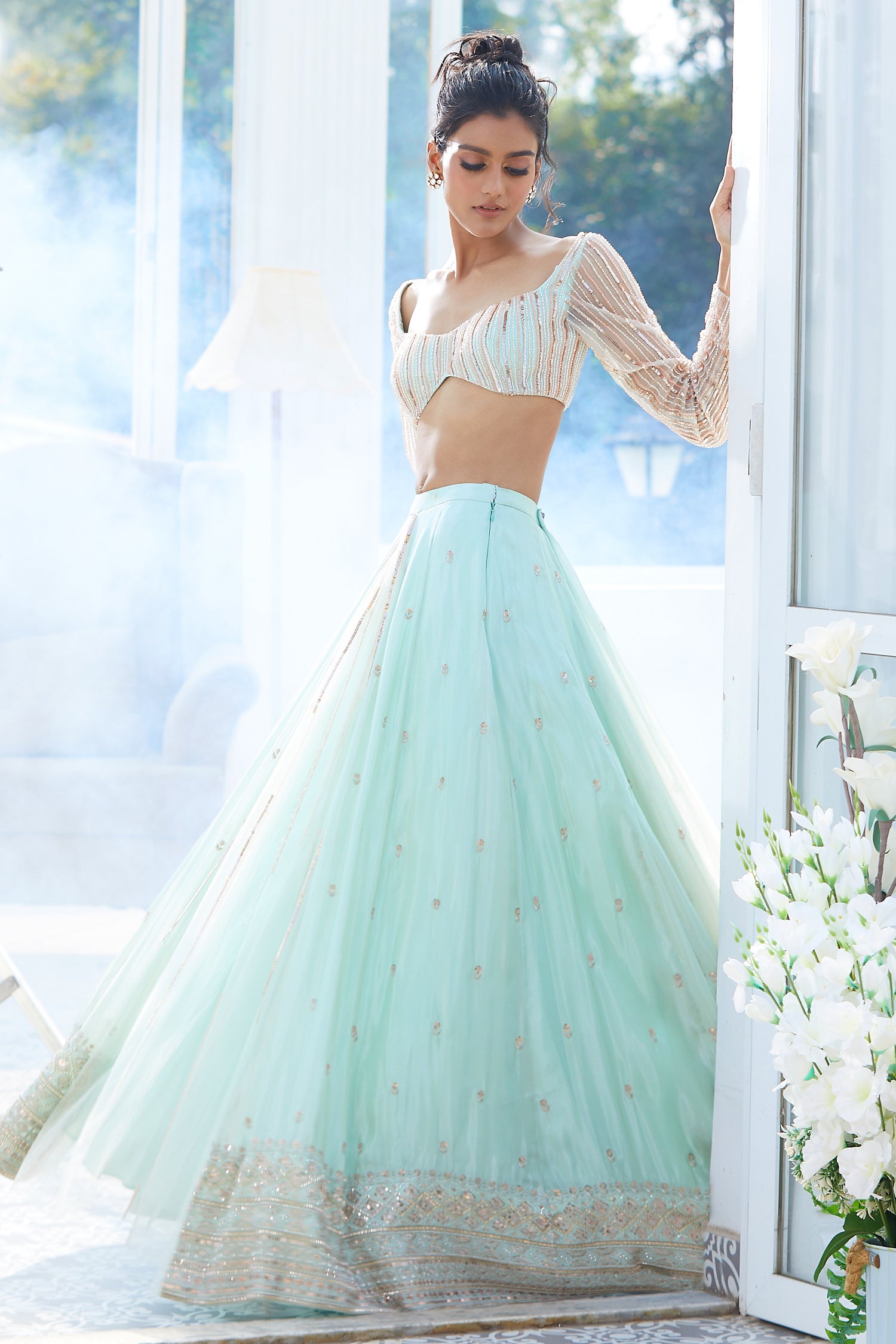 MINT  EMBROIDERED LEHENGA SET WITH FULL SLEEVE EMBROIDERED BLOUSE