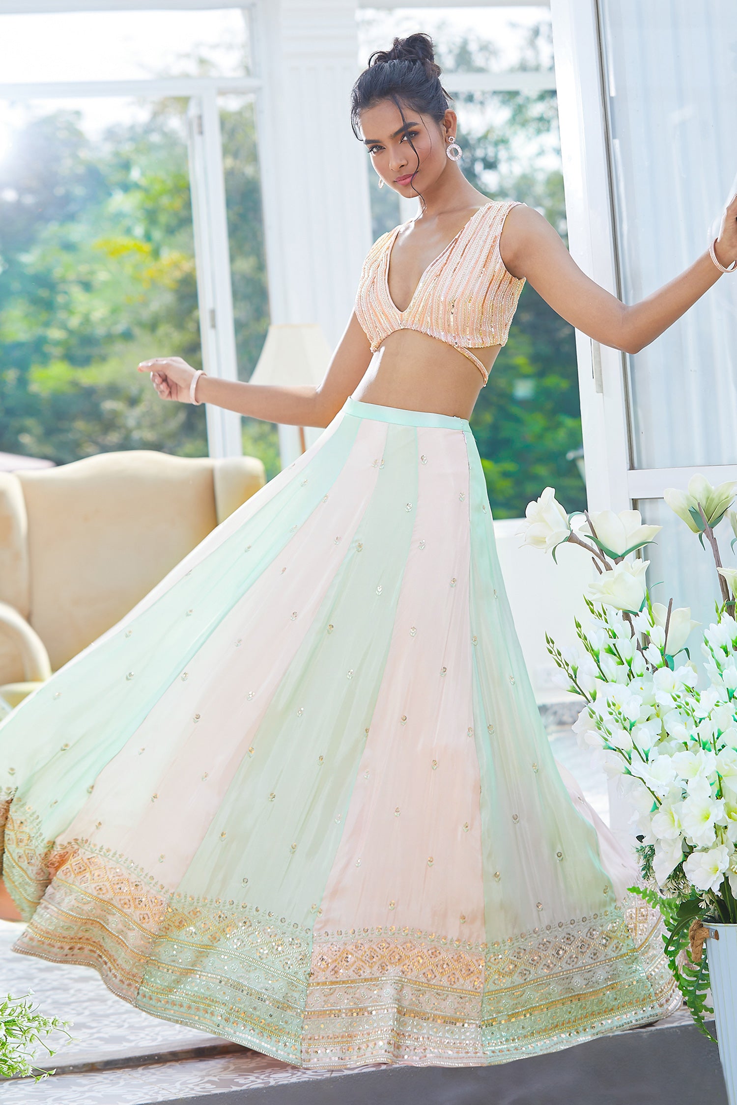 MINT AND PINK TISSUE KALI LEHENGA WITH EMBROIDERED BLOUSE