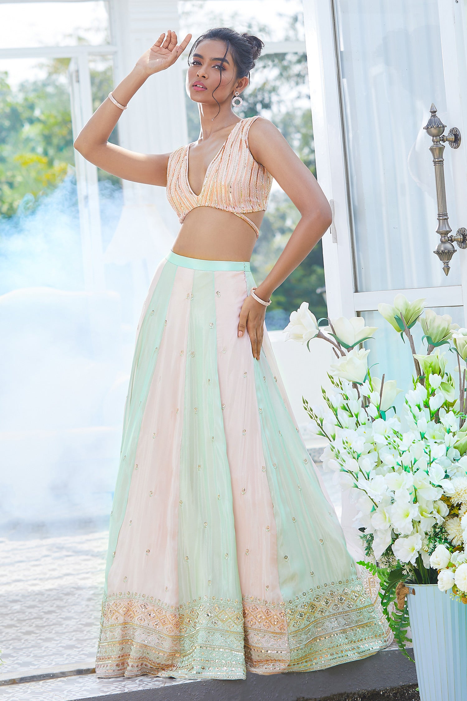 MINT AND PINK TISSUE KALI LEHENGA WITH EMBROIDERED BLOUSE