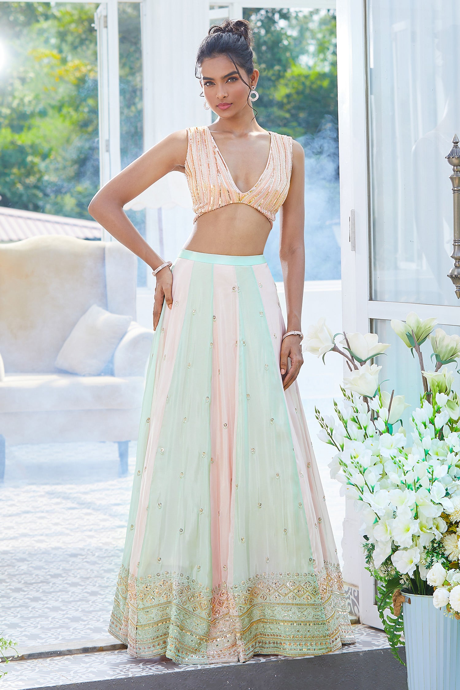 MINT AND PINK TISSUE KALI LEHENGA WITH EMBROIDERED BLOUSE