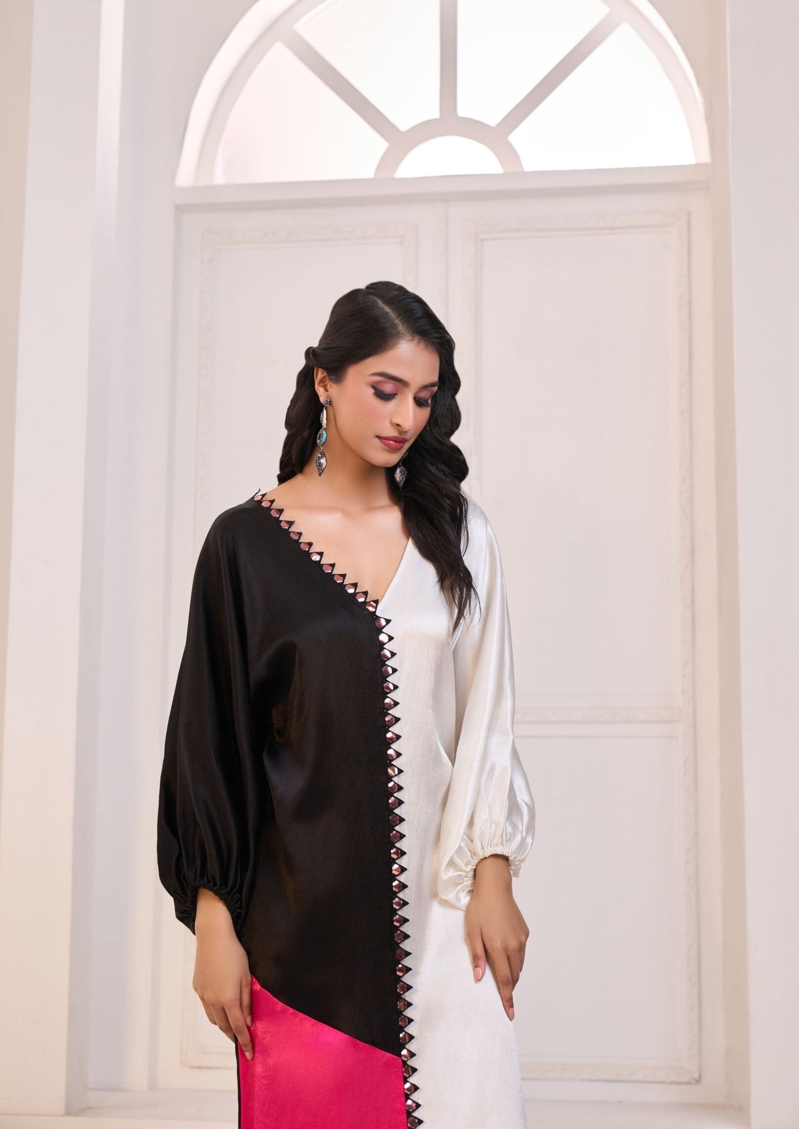 White, Black And Hot Pink Patch Embroidered Long Kurta