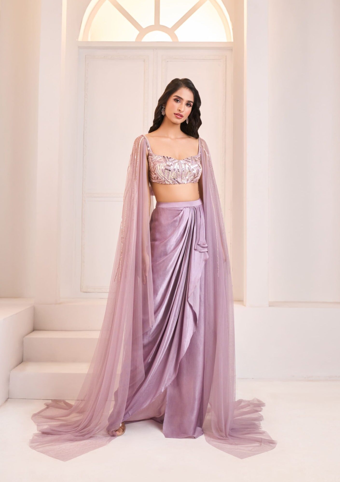 Dusty Lilac Gajji Silk Embroidered Drape Skirt With Cape Sleeves