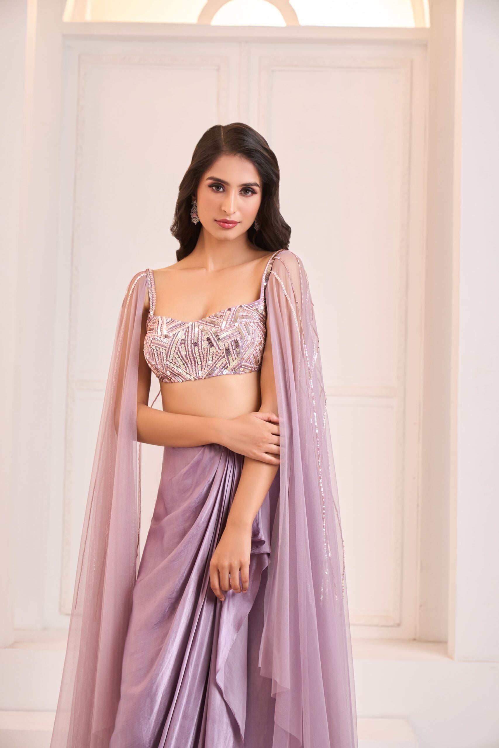 Dusty Lilac Gajji Silk Embroidered Drape Skirt With Cape Sleeves