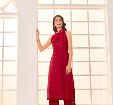 Red Embroidered Kurta Set