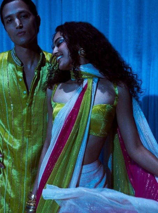 Multi-Colour  Block Saree With Neon Green Blouse