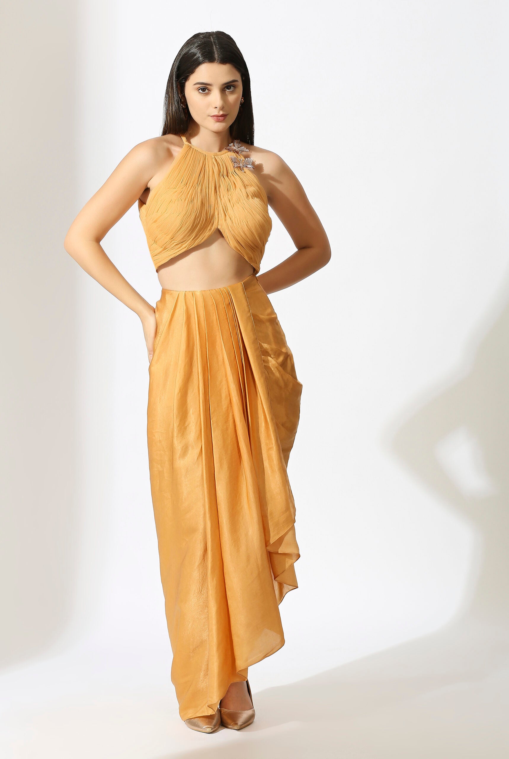 Mustard Embroidered Skirt Set with Drape
