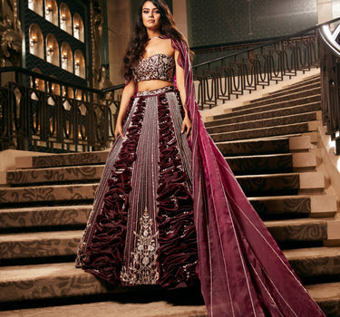 Wine Embroidered Bridal Lehenga With Embroidered Blouse And Cape