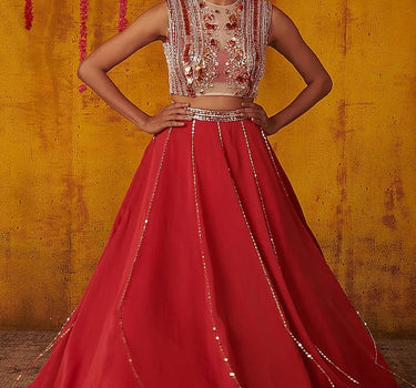 ruby Satin Organza Lehenga Set