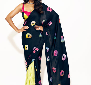 Black  Shibori Saree With Multi-Colour Blouse