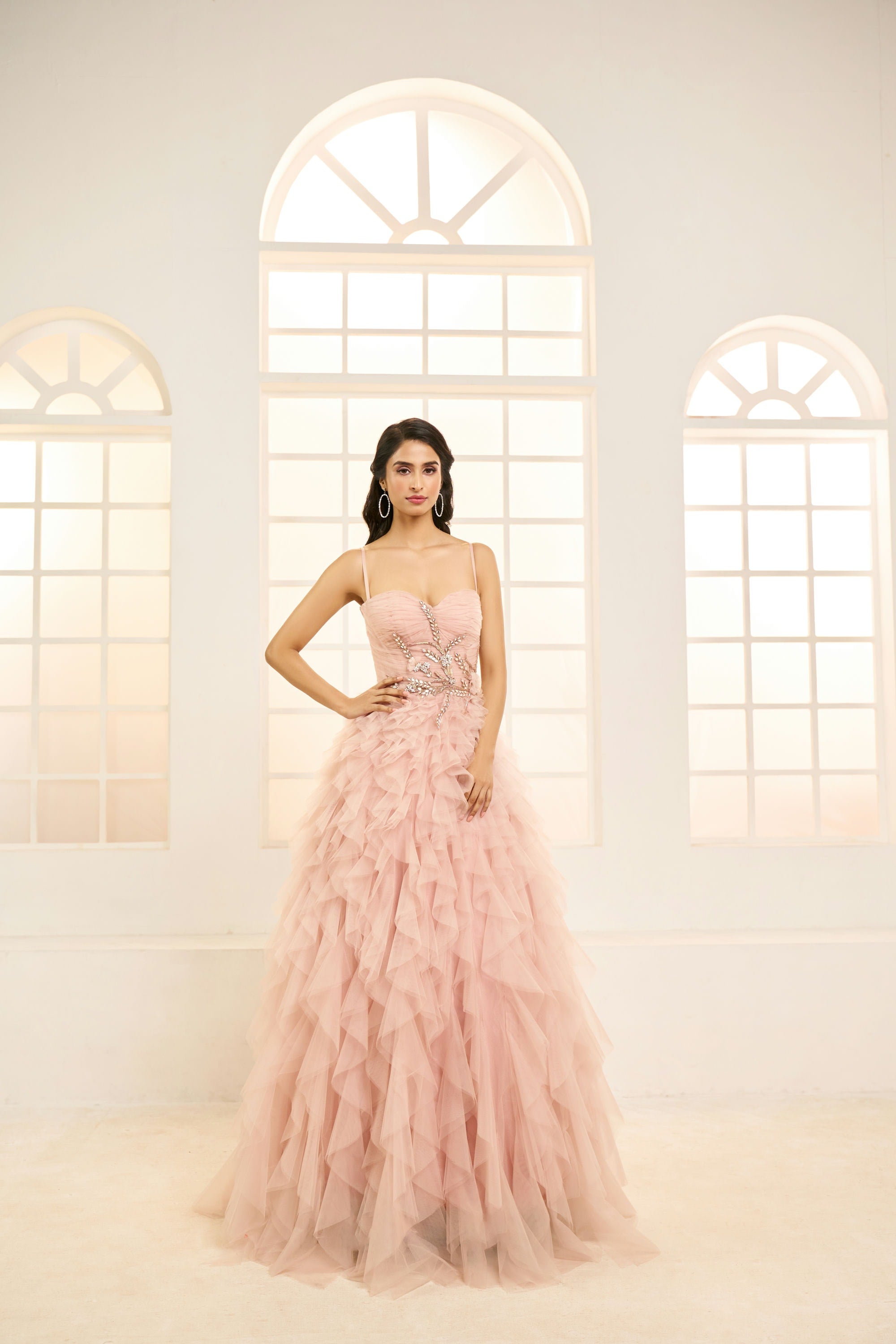 Rose Pink Embroidered Net Ruffle Gown – Masumi Mewawalla