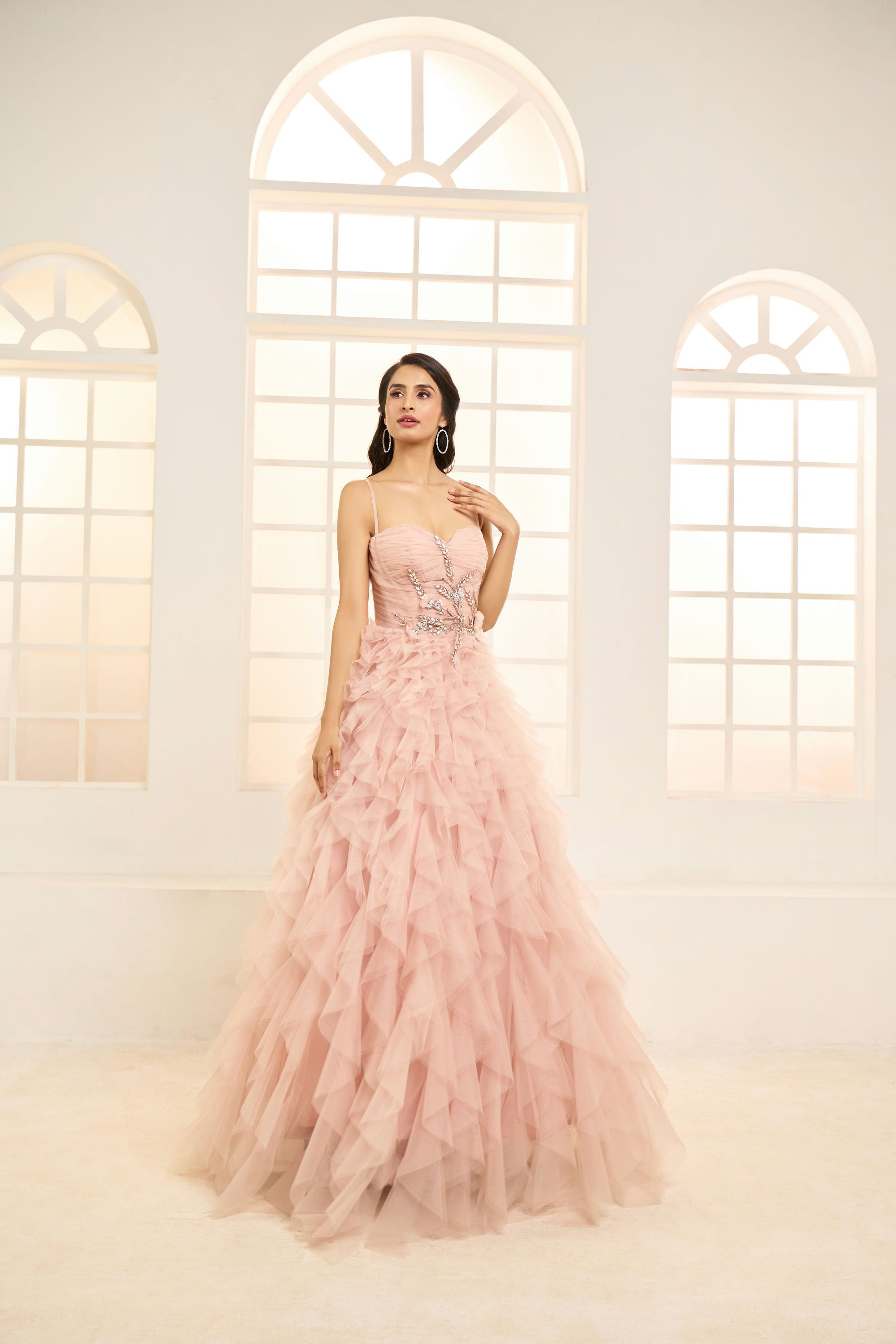 Rose Pink Embroidered Net Ruffle Gown – Masumi Mewawalla