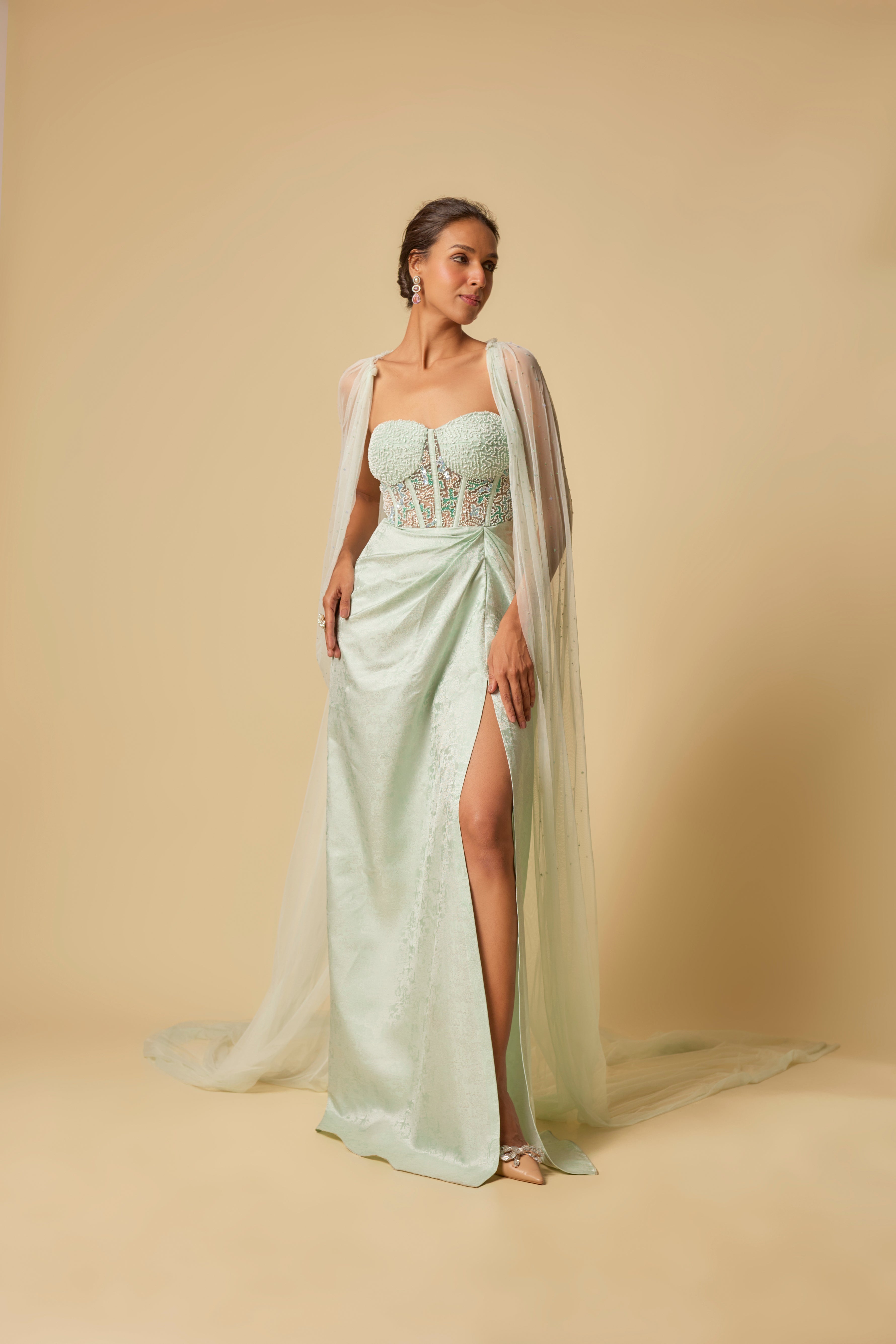 Mint Brocade Embroidered Corset Drape Gown with Cape