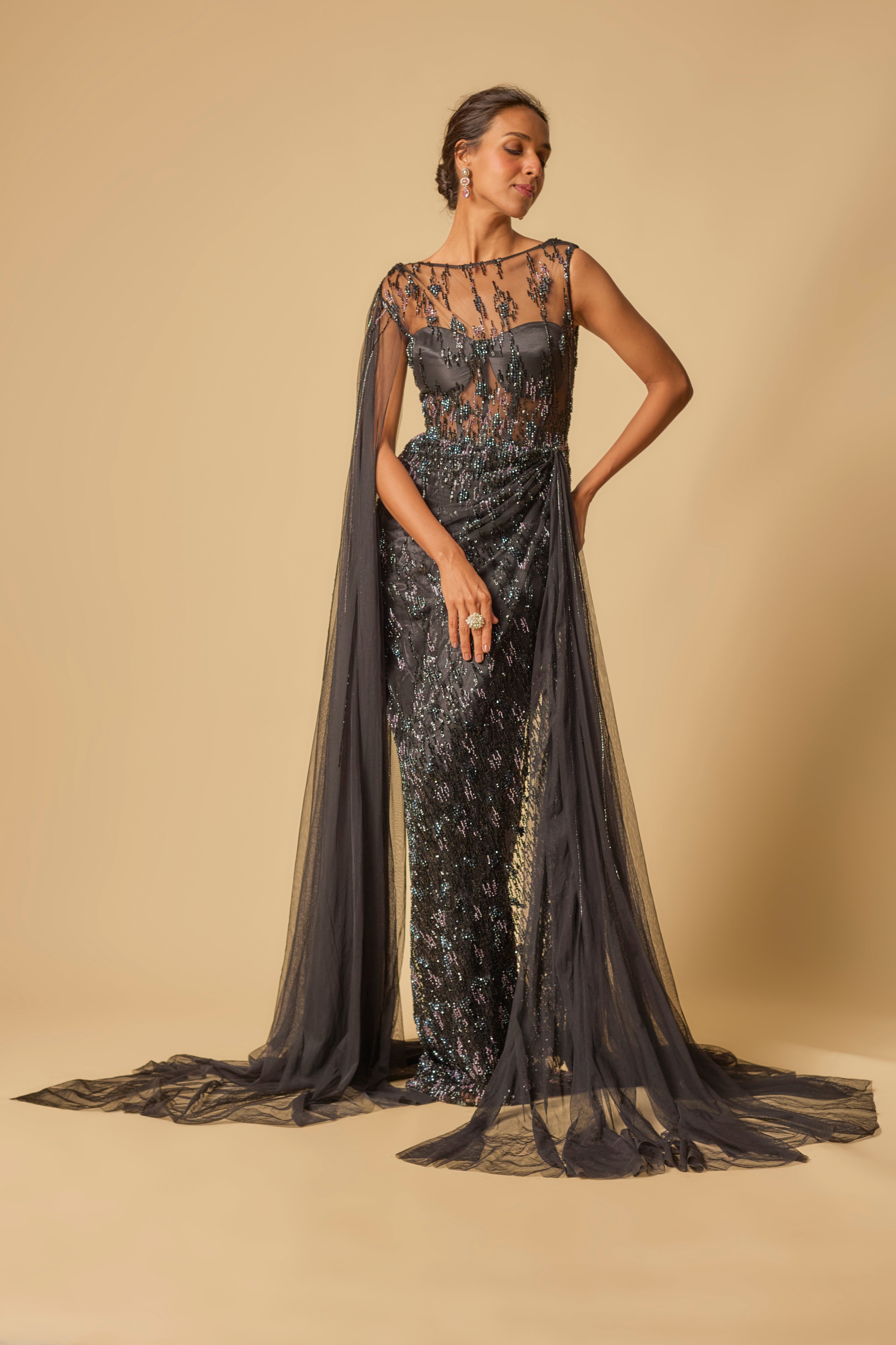 Black Embroidered Drape Gown