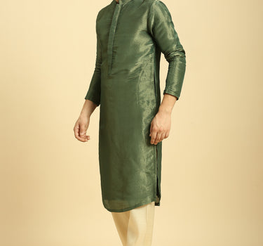 Green Tissue Kurta With Cream Silk pant With Green colour block dupatta