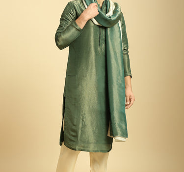 Green Tissue Kurta With Cream Silk pant With Green colour block dupatta