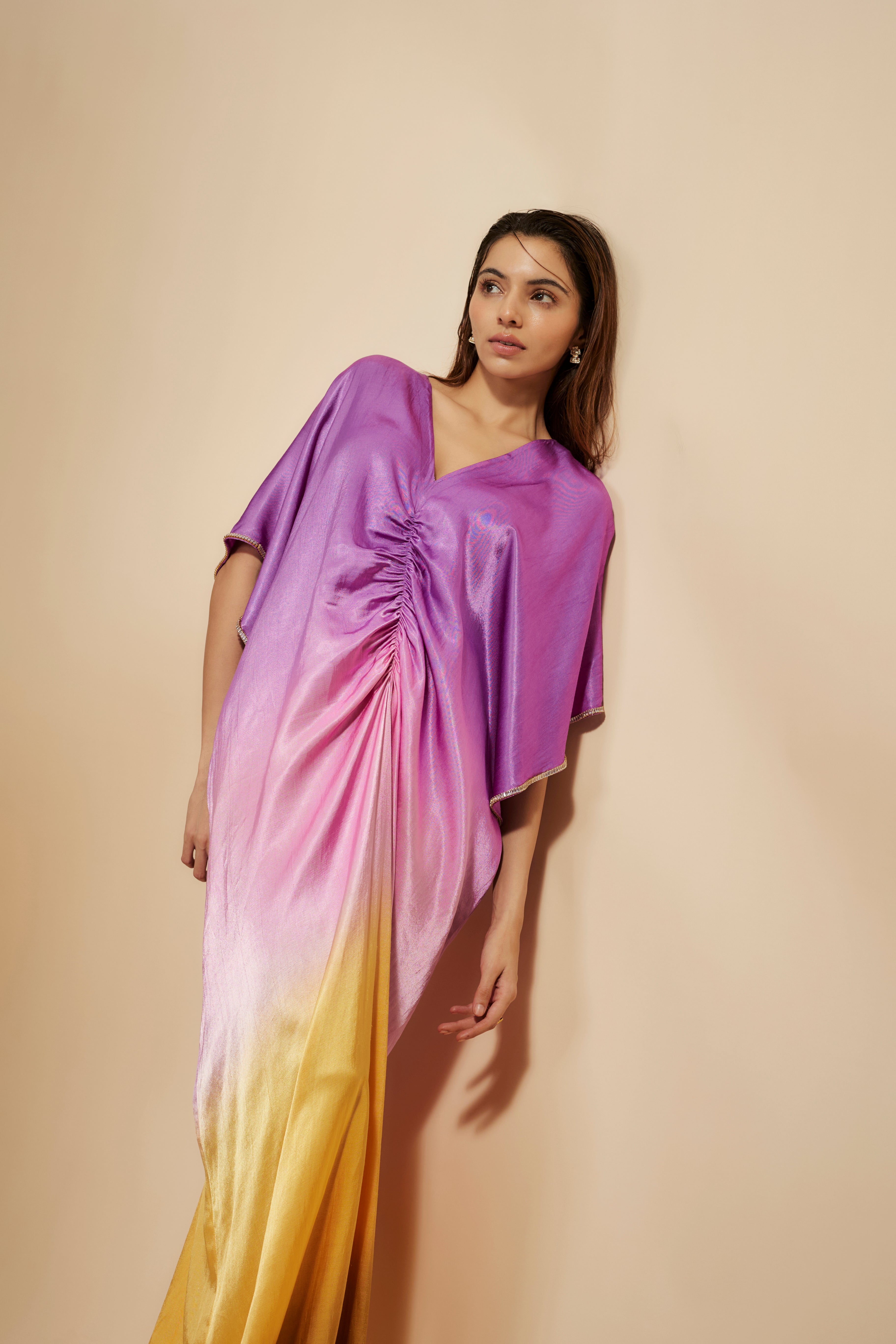 MUSTARD TO LILAC OMBRE EMBROIDERED KAFTAN