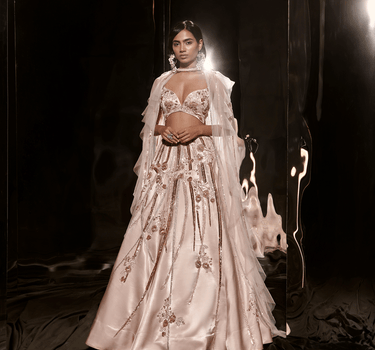 Nude Embroidered Lehenga Set With Ruffle Cape