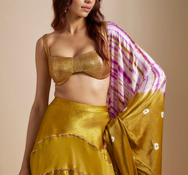 Mustard Block Skirt With Badla Embroidered Blouse With Shibori Dupatta