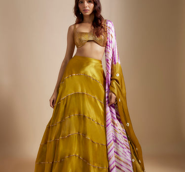 Mustard Block Skirt With Badla Embroidered Blouse With Shibori Dupatta