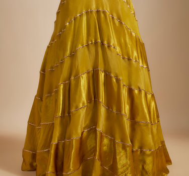 Mustard Block Skirt With Badla Embroidered Blouse With Shibori Dupatta