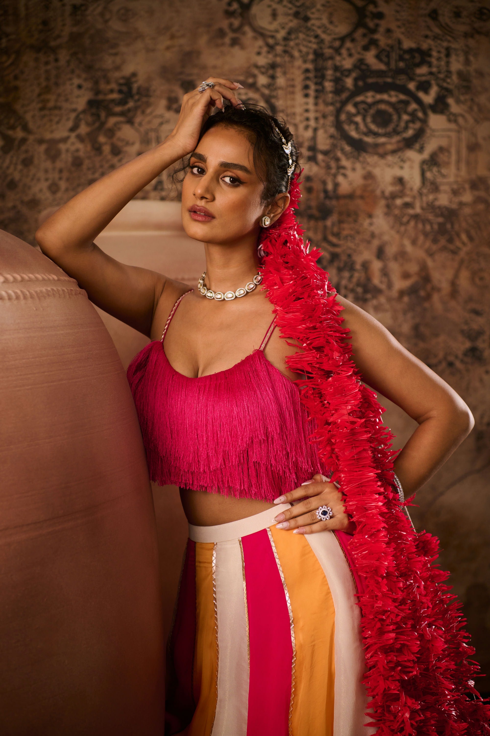 Hot pink top with Multicoloured skirt