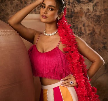 Hot pink top with Multicoloured skirt