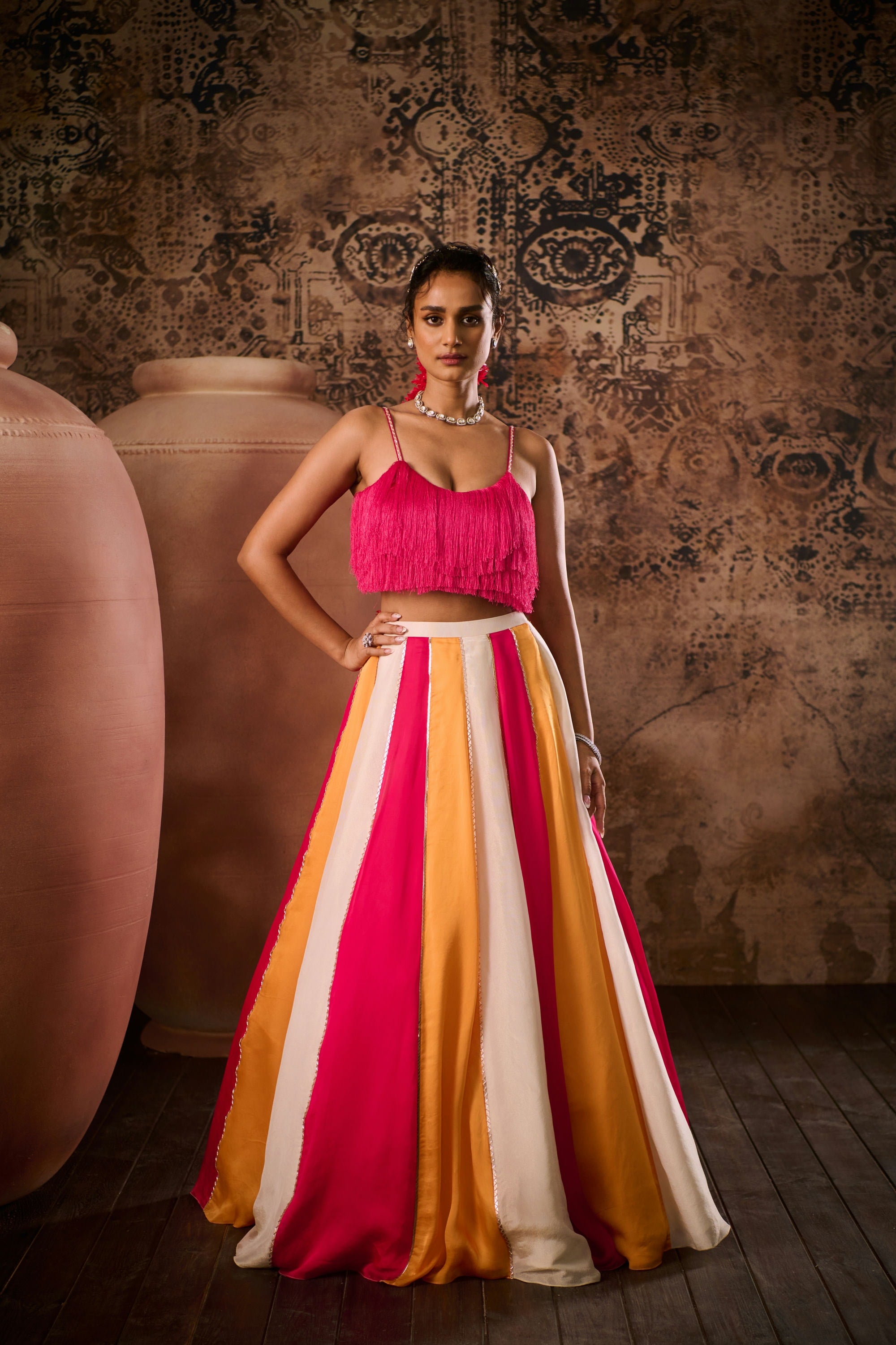 Hot pink top with Multicoloured skirt