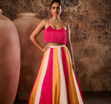 Hot pink top with Multicoloured skirt