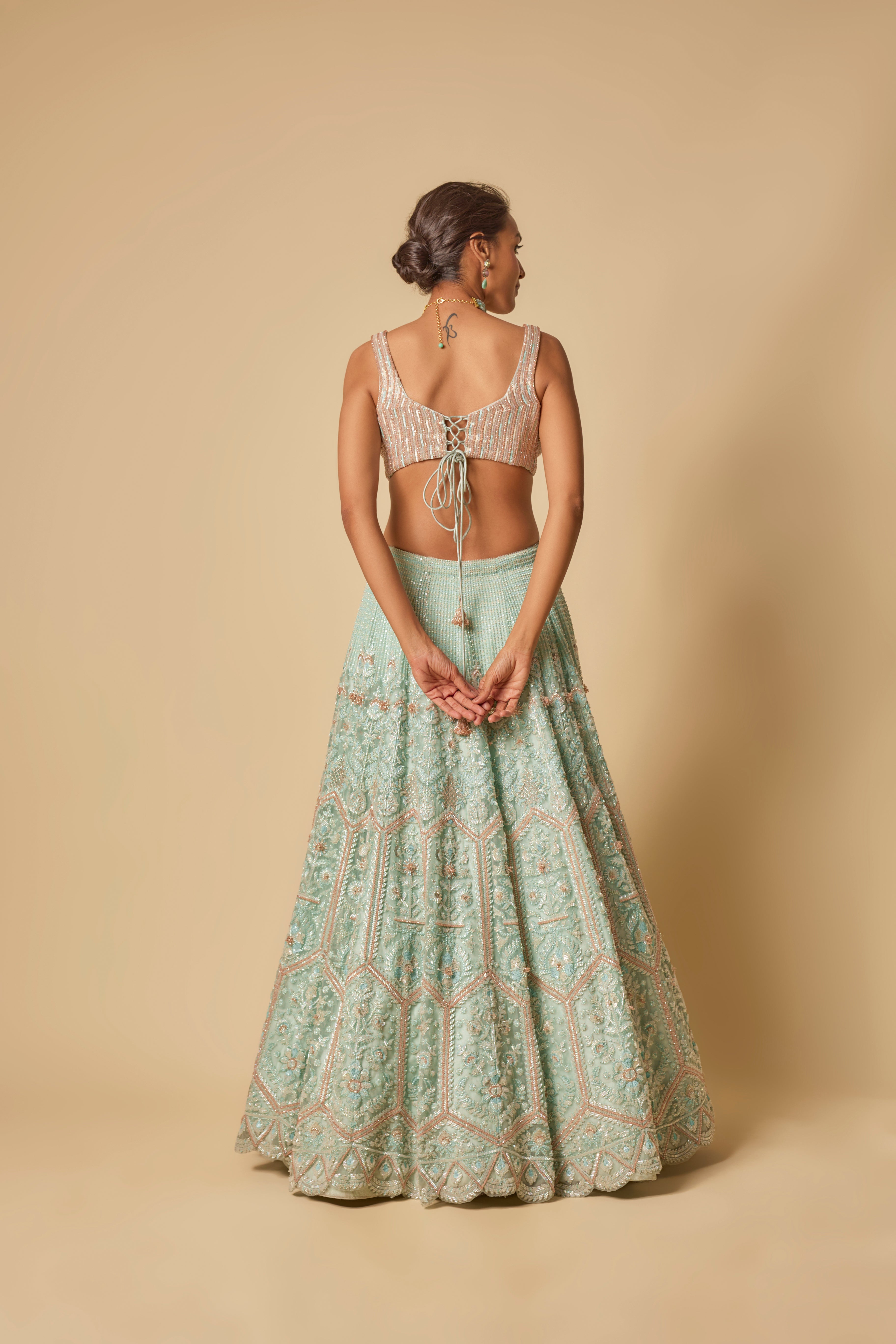 Mint Heavy Embroidered Lehenga Set with Two Dupatta