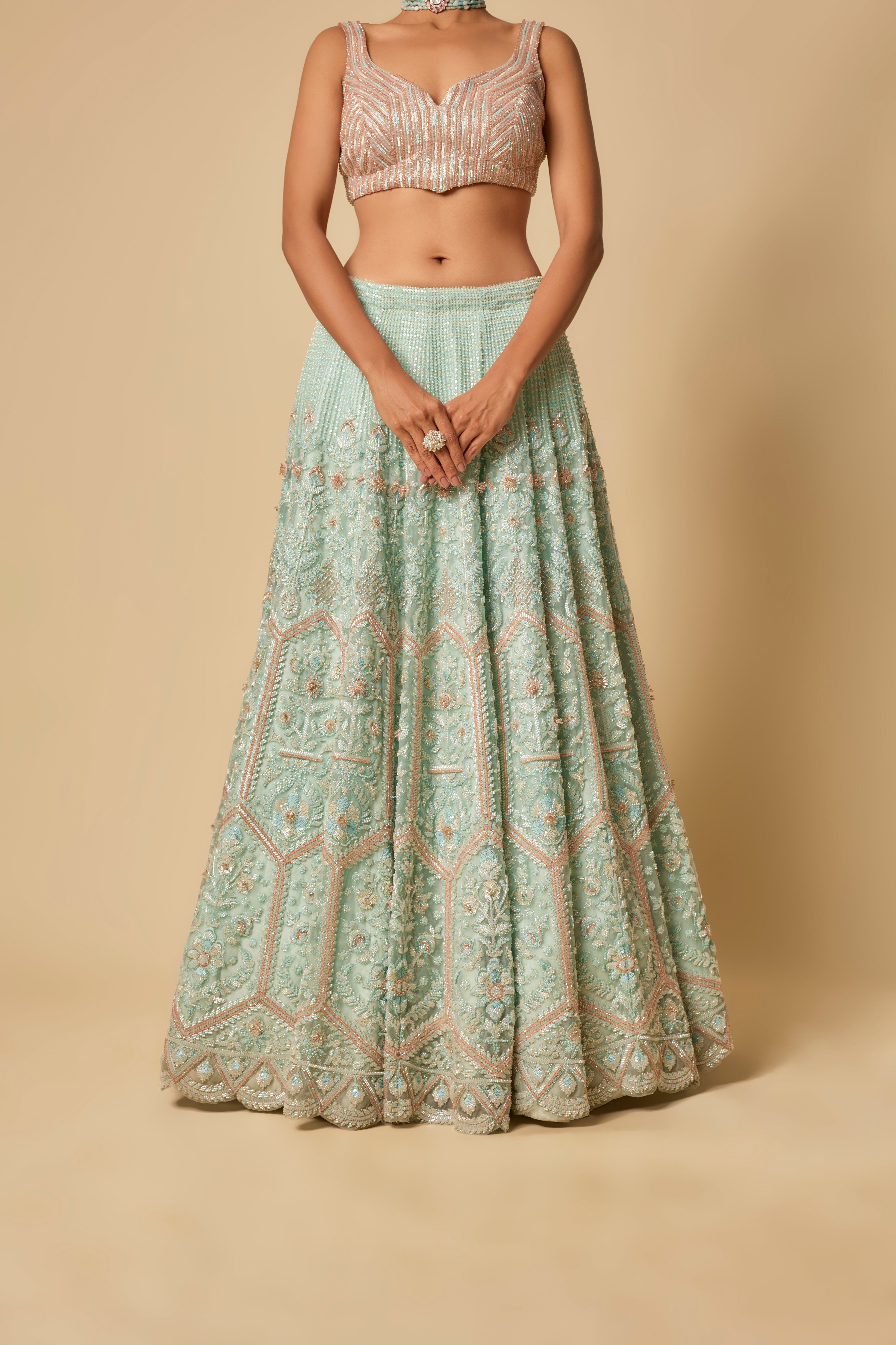 Mint Heavy Embroidered Lehenga Set with Two Dupatta