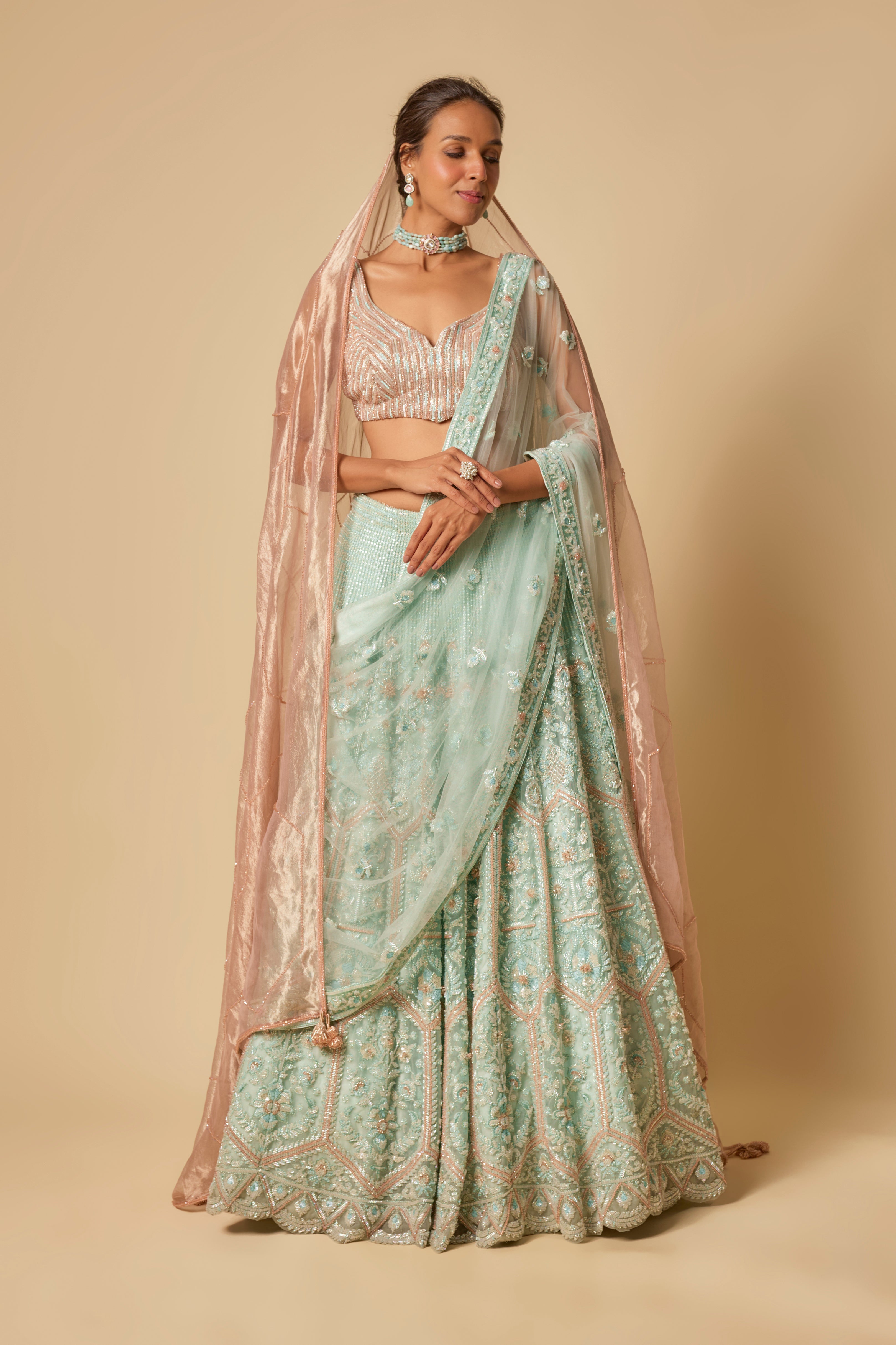 Mint Heavy Embroidered Lehenga Set with Two Dupatta