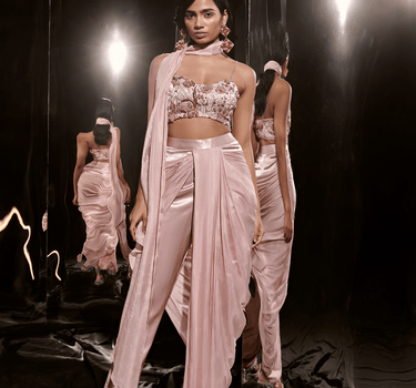 Rose Gold Embroidered Drape Pant Set With Scarf