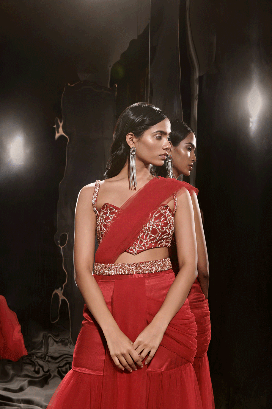 Red Embroidered Sharara Saree With Waist Belt And Bag