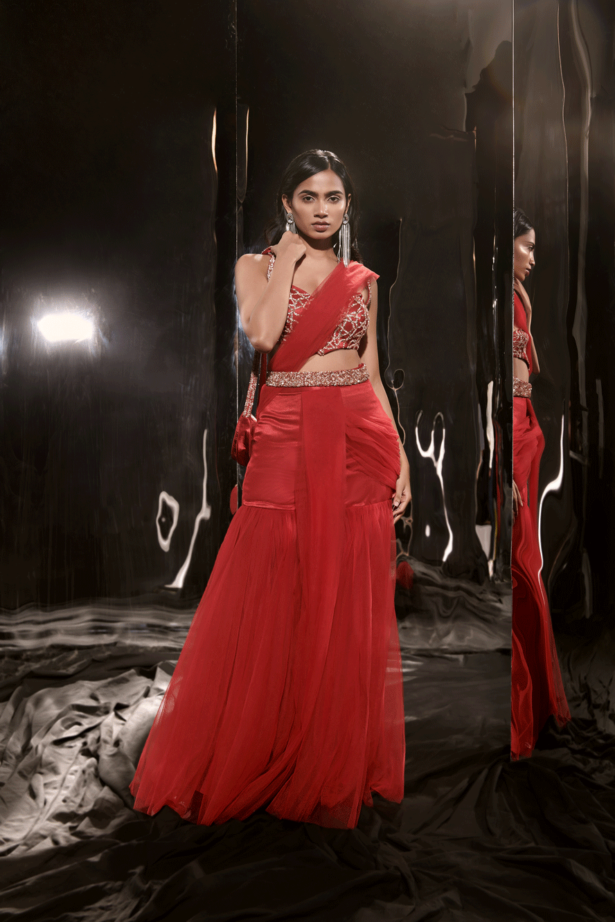Red Embroidered Sharara Saree With Waist Belt And Bag