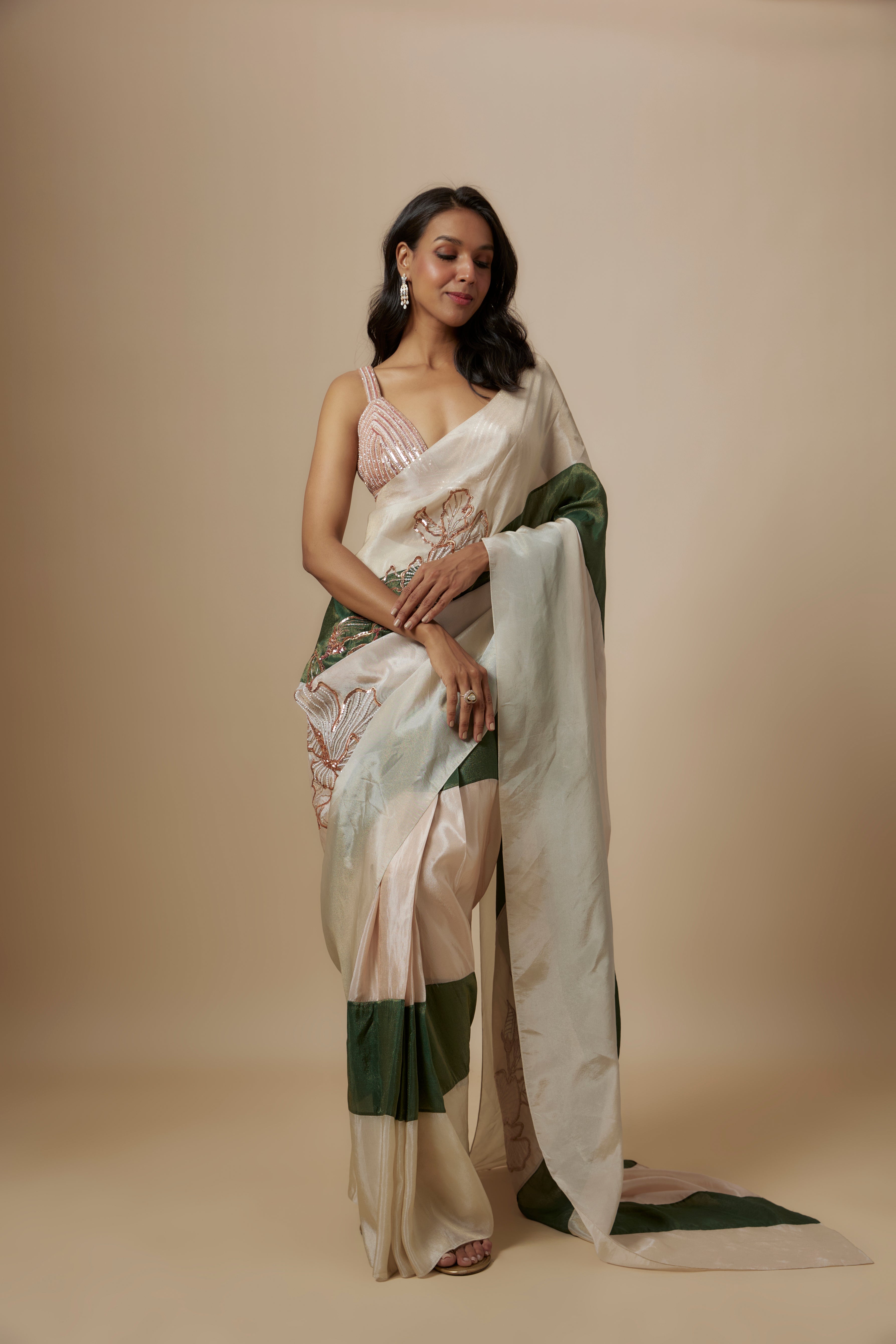 Green And Beige Colour Block Saree With Embroidered Blouse