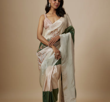 Green And Beige Colour Block Saree With Embroidered Blouse